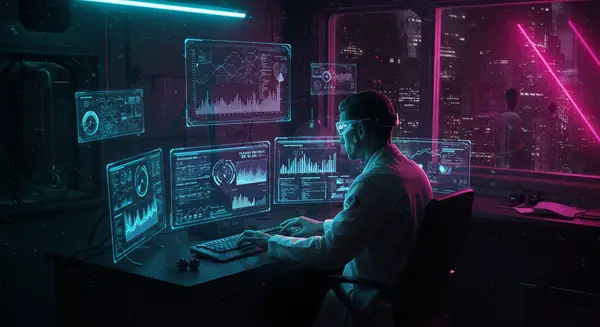 A cyberpunk scientist in a neon-drenched lab, typing on holographic interfaces that display glowing data streams and binary code. The room pulses with violet and cyan laser grids, with floating translucent interfaces showing graphs titled 'Clarity Win Rate: 94%'. Inspired by Syd Mead’s sleek retro-futurism and the hyper-detailed cybernetic visuals of David Mackenzie, with a cyberpunk vibe akin to 'Ghost in the Shell' merged with glitch art from *'Akira*'. Dark backgrounds contrast with sharp neon accents. Include a window reflection showing a cityscape dominated by transparent data overlays and citizens wearing AR contact lenses. A cyberpunk scientist in a neon-drenched lab, typing on holographic interfaces that display glowing data streams and binary code. The room pulses with violet and cyan laser grids, with floating translucent interfaces showing graphs titled 'Clarity Win Rate: 94%'. Inspired by Syd Mead’s sleek retro-futurism and the hyper-detailed cybernetic visuals of David Mackenzie, with a cyberpunk vibe akin to 'Ghost in the Shell' merged with glitch art from *'Akira*'. Dark backgrounds contrast with sharp neon accents. Include a window reflection showing a cityscape dominated by transparent data overlays and citizens wearing AR contact lenses.