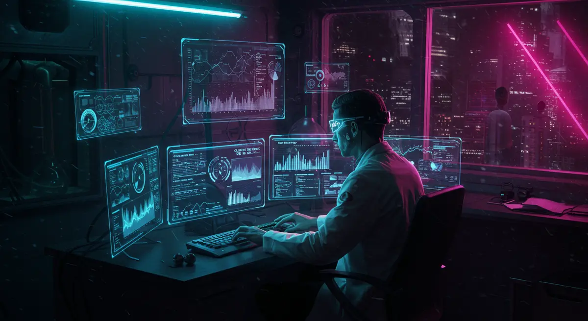 A cyberpunk scientist in a neon-drenched lab, typing on holographic interfaces that display glowing data streams and binary code. The room pulses with violet and cyan laser grids, with floating translucent interfaces showing graphs titled 'Clarity Win Rate: 94%'. Inspired by Syd Mead’s sleek retro-futurism and the hyper-detailed cybernetic visuals of David Mackenzie, with a cyberpunk vibe akin to 'Ghost in the Shell' merged with glitch art from *'Akira*'. Dark backgrounds contrast with sharp neon accents. Include a window reflection showing a cityscape dominated by transparent data overlays and citizens wearing AR contact lenses.