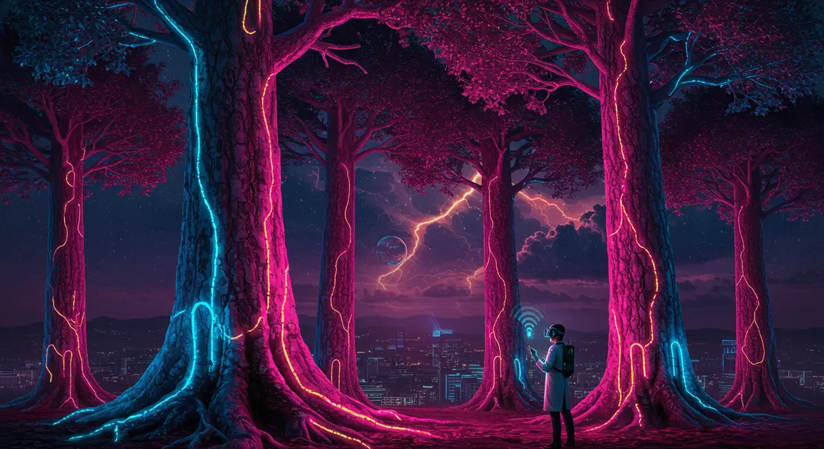 A surrealist illustration of neon-lit Taxus baccata trees (bark shimmering with glowing bio-luminescent taxane compounds) towering over a cyberpunk Athens skyline. Style: Zdzisław Beksiński’s surrealism meets Moebius’ futuristic textures, with a dystopian BioShock vibe. Add holographic data streams flowing into the trees’ roots, while a lab-vested researcher in a VR headset interfaces wirelessly with the forest’s “neural network.” The backdrop features molten clouds shaped like tumor cells disintegrating into starbursts. Color palette: neon magenta, pulsating blues, and metallic gold veins in the bark, contrasting with the dystopian city’s gloom.