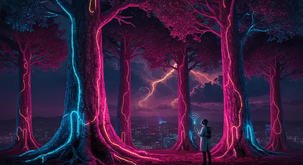 A surrealist illustration of neon-lit Taxus baccata trees (bark shimmering with glowing bio-luminescent taxane compounds) towering over a cyberpunk Athens skyline. Style: Zdzisław Beksiński’s surrealism meets Moebius’ futuristic textures, with a dystopian BioShock vibe. Add holographic data streams flowing into the trees’ roots, while a lab-vested researcher in a VR headset interfaces wirelessly with the forest’s “neural network.” The backdrop features molten clouds shaped like tumor cells disintegrating into starbursts. Color palette: neon magenta, pulsating blues, and metallic gold veins in the bark, contrasting with the dystopian city’s gloom. A surrealist illustration of neon-lit Taxus baccata trees (bark shimmering with glowing bio-luminescent taxane compounds) towering over a cyberpunk Athens skyline. Style: Zdzisław Beksiński’s surrealism meets Moebius’ futuristic textures, with a dystopian BioShock vibe. Add holographic data streams flowing into the trees’ roots, while a lab-vested researcher in a VR headset interfaces wirelessly with the forest’s “neural network.” The backdrop features molten clouds shaped like tumor cells disintegrating into starbursts. Color palette: neon magenta, pulsating blues, and metallic gold veins in the bark, contrasting with the dystopian city’s gloom.