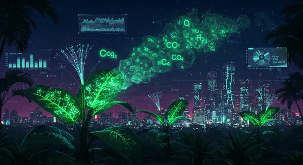 A cyberpunk-style illustration of illuminated tropical plants with glowing green CO and CH4 molecules escaping their stomata, overlaid with a futuristic cityscape. Glowing neon circuits inside the leaves resemble fiber-optic cables, connecting to sky-scrapers shaped like leaf cells. The background includes holographic data streams overlay on plants showing real-time gas emission rates. Style should merge Syd Mead's biomechanical designs with the vibrant, slick textures from Blade Runner 2049, using Prussian blue, electric green, and holographic pink hues. A cyberpunk-style illustration of illuminated tropical plants with glowing green CO and CH4 molecules escaping their stomata, overlaid with a futuristic cityscape. Glowing neon circuits inside the leaves resemble fiber-optic cables, connecting to sky-scrapers shaped like leaf cells. The background includes holographic data streams overlay on plants showing real-time gas emission rates. Style should merge Syd Mead's biomechanical designs with the vibrant, slick textures from Blade Runner 2049, using Prussian blue, electric green, and holographic pink hues.