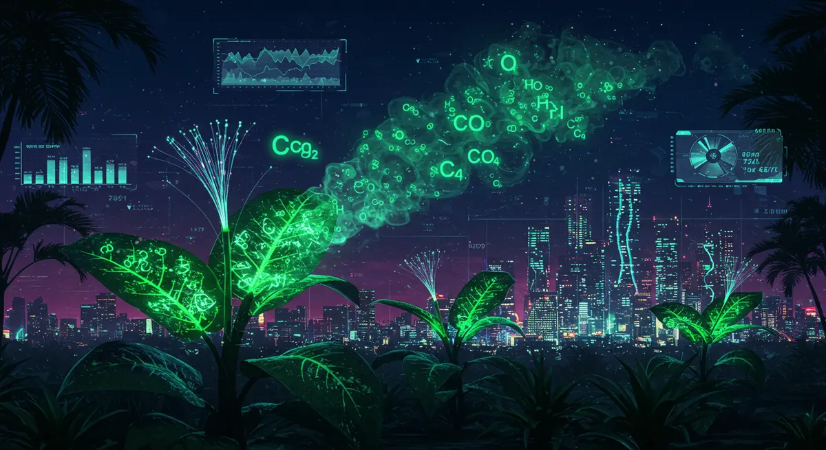 A cyberpunk-style illustration of illuminated tropical plants with glowing green CO and CH4 molecules escaping their stomata, overlaid with a futuristic cityscape. Glowing neon circuits inside the leaves resemble fiber-optic cables, connecting to sky-scrapers shaped like leaf cells. The background includes holographic data streams overlay on plants showing real-time gas emission rates. Style should merge Syd Mead's biomechanical designs with the vibrant, slick textures from Blade Runner 2049, using Prussian blue, electric green, and holographic pink hues.