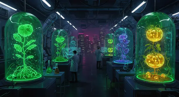 Cyberpunk-style lab with glowing neon-green plants in glass domes, illuminated by holographic DNA strands and robotic tools. Scientists in high-tech lab coats with holographic screens showing plant cell visuals. Distant futuristic cityscape outside a giant greenhouse, inspired by Syd Mead's biomechanical designs and the neon-drenched chaos of Katsuhiro Otomo's *Akira*. Hyper-realistic detail of a giant glowing golden tomato and a tiny humanoid drone studying plant mutations. Palette of electric blues, acid greens, and violet-hued tech accents. Cyberpunk-style lab with glowing neon-green plants in glass domes, illuminated by holographic DNA strands and robotic tools. Scientists in high-tech lab coats with holographic screens showing plant cell visuals. Distant futuristic cityscape outside a giant greenhouse, inspired by Syd Mead's biomechanical designs and the neon-drenched chaos of Katsuhiro Otomo's *Akira*. Hyper-realistic detail of a giant glowing golden tomato and a tiny humanoid drone studying plant mutations. Palette of electric blues, acid greens, and violet-hued tech accents.