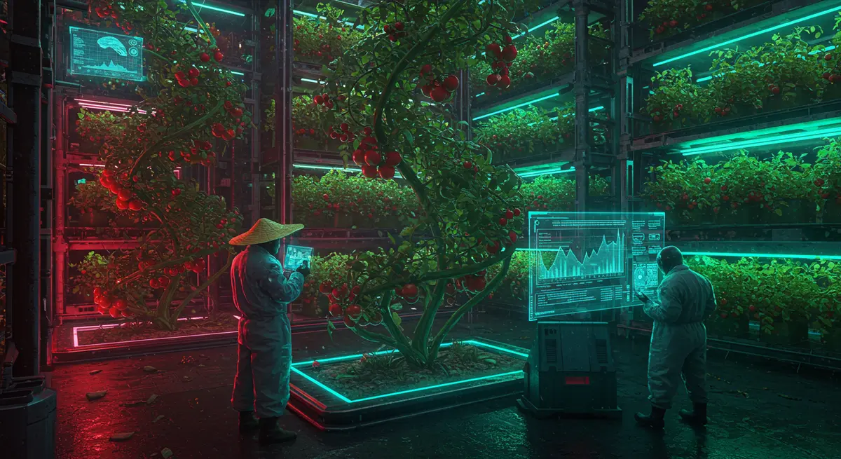 A hyper-detailed cyberpunk vertical farm at night by Syd Mead and Moebius, blending organic vegetation with neon-lit steel structures. Tomato vines twist into an S-shaped helix between glowing LED shelves, with floating holograms showing plant health metrics. Worker drones zip between tiers while a glowing 'Plant Boss' AI monitors growth. Style: Takashi Murakami’s vibrant colors meets Blade Runner’s rain-slicked tech, heavy on iridescent greens and cyan lights. Include a futuristic farmer in a holographic smock inspecting a bioluminescent fruit. Reference neon-lit scenes from Akira and retro-futuristic designs from Syd Mead’s Judge Dredd sketch.