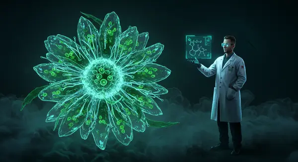 A bioluminescent ice plant cell nucleus with glowing DNA strands pulsing like neon fiber optics, cyberpunk circuit patterns merging into chloroplasts, a half-human/half-plant hybrid scientist in a lab coat holding a holographic circadian clock interface. Style: Cyberpunk biopunk hybrid, blending Syd Mead’s mechano-aesthetic with Studio Ghibli’s organic flows, influenced by digital glitch art and neon-drenched Blade Runner 2049 aesthetics. A bioluminescent ice plant cell nucleus with glowing DNA strands pulsing like neon fiber optics, cyberpunk circuit patterns merging into chloroplasts, a half-human/half-plant hybrid scientist in a lab coat holding a holographic circadian clock interface. Style: Cyberpunk biopunk hybrid, blending Syd Mead’s mechano-aesthetic with Studio Ghibli’s organic flows, influenced by digital glitch art and neon-drenched Blade Runner 2049 aesthetics.