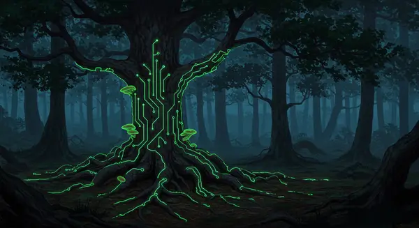 Cyberpunk-flavored forest of glowing oak trees with neon green bio-circuits running over their bark, fungal spores represented as firewalls rejecting hacker symbols, oak roots morphing into data cables interfacing with Earth's network. Style: Neon-drenched biopunk realism by Mary Blair’s whimsical futurism meets the cybernetic botany of Octavia Butler’s Xenogenesis, with detailed cellular glow effects as in James Gurney’s digital landscapes. Cyberpunk-flavored forest of glowing oak trees with neon green bio-circuits running over their bark, fungal spores represented as firewalls rejecting hacker symbols, oak roots morphing into data cables interfacing with Earth's network. Style: Neon-drenched biopunk realism by Mary Blair’s whimsical futurism meets the cybernetic botany of Octavia Butler’s Xenogenesis, with detailed cellular glow effects as in James Gurney’s digital landscapes.