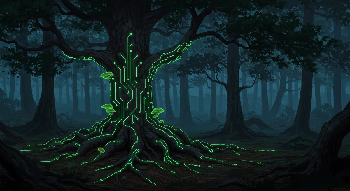 Cyberpunk-flavored forest of glowing oak trees with neon green bio-circuits running over their bark, fungal spores represented as firewalls rejecting hacker symbols, oak roots morphing into data cables interfacing with Earth's network. Style: Neon-drenched biopunk realism by Mary Blair’s whimsical futurism meets the cybernetic botany of Octavia Butler’s Xenogenesis, with detailed cellular glow effects as in James Gurney’s digital landscapes.