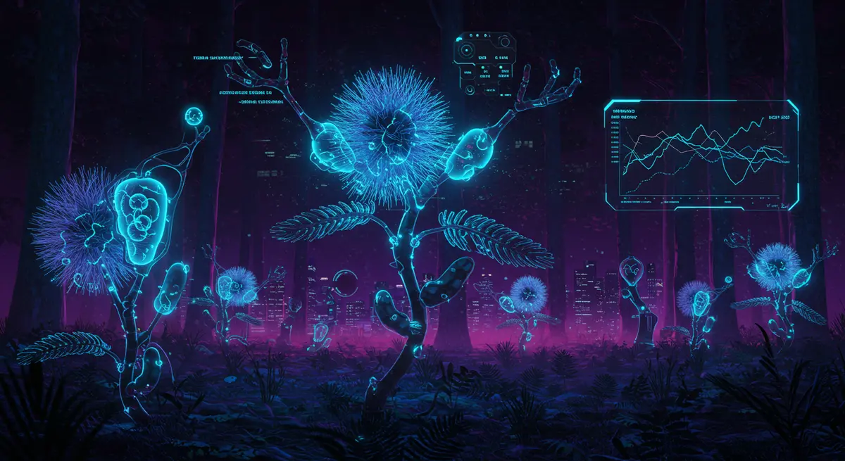 A neon-drenched cyberpunk forest with glowing Mimosa pudica plants, their stems morphed into glowing mechanical limbs with exposed wires and gear pulvini. Neon blue ion channels pulse like data streams inside translucent leaf veins, while a holographic interface maps the plant’s 'energy flow' against a cityscape of solar-paneled skyscrapers and robot gardeners. Style mix of Syd Mead's biomechanical details and Moebius's fluid plant forms, with Prisma’s neon cyberpunk palette. Add a shimmering AI overlay showing real-time stress response graphs above the plants.
