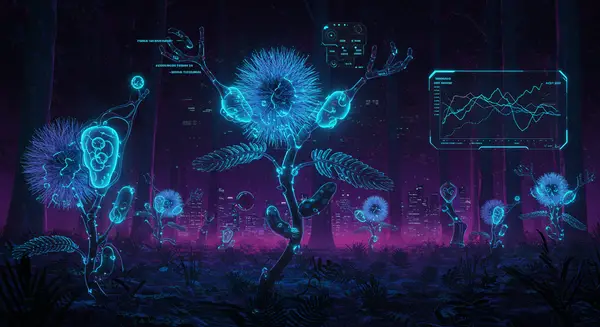 A neon-drenched cyberpunk forest with glowing Mimosa pudica plants, their stems morphed into glowing mechanical limbs with exposed wires and gear pulvini. Neon blue ion channels pulse like data streams inside translucent leaf veins, while a holographic interface maps the plant’s 'energy flow' against a cityscape of solar-paneled skyscrapers and robot gardeners. Style mix of Syd Mead's biomechanical details and Moebius's fluid plant forms, with Prisma’s neon cyberpunk palette. Add a shimmering AI overlay showing real-time stress response graphs above the plants. A neon-drenched cyberpunk forest with glowing Mimosa pudica plants, their stems morphed into glowing mechanical limbs with exposed wires and gear pulvini. Neon blue ion channels pulse like data streams inside translucent leaf veins, while a holographic interface maps the plant’s 'energy flow' against a cityscape of solar-paneled skyscrapers and robot gardeners. Style mix of Syd Mead's biomechanical details and Moebius's fluid plant forms, with Prisma’s neon cyberpunk palette. Add a shimmering AI overlay showing real-time stress response graphs above the plants.
