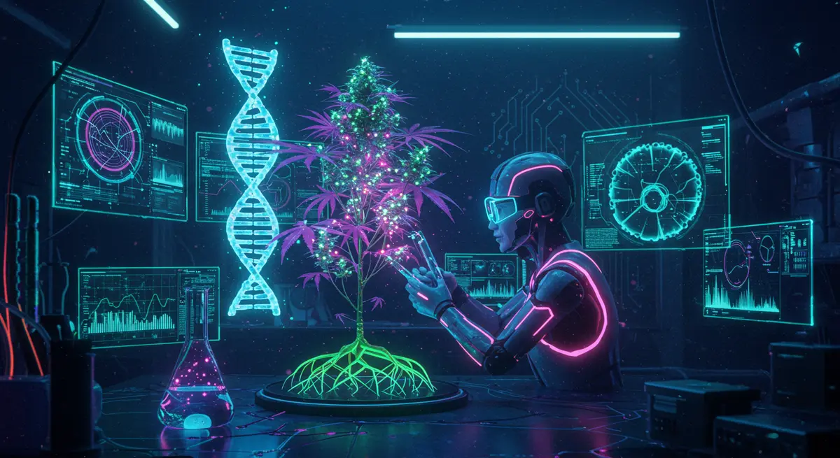 A hyper-stylized cyberpunk lab with holographic DNA helixes floating above glowing quantum computers. A technician in a neon-etched biomech bodysuit examines a vibrant cannabis plant with LED roots and pulsating luminescent buds, surrounded by screens displaying real-time genome data. Style references Takahiro Kawada's retro-futurism blended with Jenny Saving the World's bioengineering aesthetics. Color palette: ultraviolet, acid green, and holographic silver with circuit board textures. Moods: techno-optimism, high-tech wonder, and neon-soaked discovery.