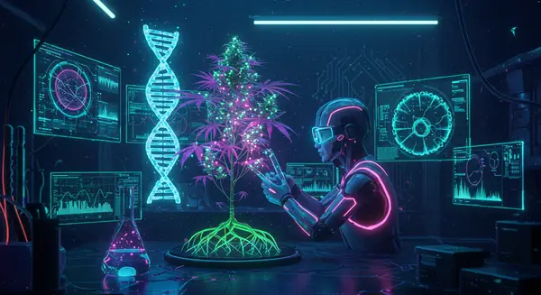 A hyper-stylized cyberpunk lab with holographic DNA helixes floating above glowing quantum computers. A technician in a neon-etched biomech bodysuit examines a vibrant cannabis plant with LED roots and pulsating luminescent buds, surrounded by screens displaying real-time genome data. Style references Takahiro Kawada's retro-futurism blended with Jenny Saving the World's bioengineering aesthetics. Color palette: ultraviolet, acid green, and holographic silver with circuit board textures. Moods: techno-optimism, high-tech wonder, and neon-soaked discovery. A hyper-stylized cyberpunk lab with holographic DNA helixes floating above glowing quantum computers. A technician in a neon-etched biomech bodysuit examines a vibrant cannabis plant with LED roots and pulsating luminescent buds, surrounded by screens displaying real-time genome data. Style references Takahiro Kawada's retro-futurism blended with Jenny Saving the World's bioengineering aesthetics. Color palette: ultraviolet, acid green, and holographic silver with circuit board textures. Moods: techno-optimism, high-tech wonder, and neon-soaked discovery.