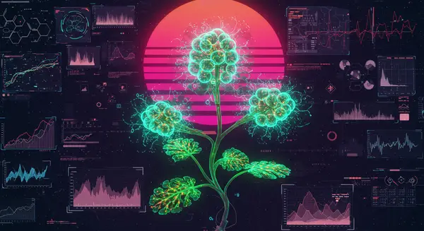 Cyberpunk biomechanical Arabidopsis plant with glowing neon oxygen pathways, inspired by Syd Mead's retro-futuristic designs and Akira's neon metropolis. Show tendrils of light representing energy flow, holographic data streams overlaying the plant structure, surrounded by holographic lab analysis interfaces. Style: blend of hyper-detailed biotech with vaporwave-style color palettes, emphasizing luminescent chlorophyll and pulsing energy veins. Cyberpunk biomechanical Arabidopsis plant with glowing neon oxygen pathways, inspired by Syd Mead's retro-futuristic designs and Akira's neon metropolis. Show tendrils of light representing energy flow, holographic data streams overlaying the plant structure, surrounded by holographic lab analysis interfaces. Style: blend of hyper-detailed biotech with vaporwave-style color palettes, emphasizing luminescent chlorophyll and pulsing energy veins.