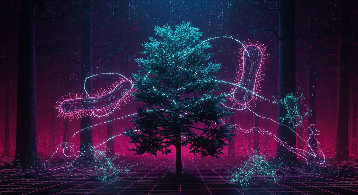 Ultra-stylized sci-fi cyperpark scene by Syd Mead meets Moebius: a towering Japanese cedar emits glowing terpene particles forming holographic streams connecting to microbial data streams, each leaf displaying shimmering binary code sequences. Under ultraviolet light, the microbes pulse with neon patterns resembling circuit boards, against a backdrop of a digitized forest grid. Hyper-detailed cityscapes grow organically into biotech networks, glowing with liquid-crystal aesthetics. The tone combines retro-futurism with biological tech. Style notes: Cyberpunk 2089 textures, vibrant neon gradients, bio-mechanical interfaces, and 3D-rendered molecular chains morphing into circuit pathways.