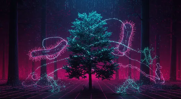 Ultra-stylized sci-fi cyperpark scene by Syd Mead meets Moebius: a towering Japanese cedar emits glowing terpene particles forming holographic streams connecting to microbial data streams, each leaf displaying shimmering binary code sequences. Under ultraviolet light, the microbes pulse with neon patterns resembling circuit boards, against a backdrop of a digitized forest grid. Hyper-detailed cityscapes grow organically into biotech networks, glowing with liquid-crystal aesthetics. The tone combines retro-futurism with biological tech. Style notes: Cyberpunk 2089 textures, vibrant neon gradients, bio-mechanical interfaces, and 3D-rendered molecular chains morphing into circuit pathways. Ultra-stylized sci-fi cyperpark scene by Syd Mead meets Moebius: a towering Japanese cedar emits glowing terpene particles forming holographic streams connecting to microbial data streams, each leaf displaying shimmering binary code sequences. Under ultraviolet light, the microbes pulse with neon patterns resembling circuit boards, against a backdrop of a digitized forest grid. Hyper-detailed cityscapes grow organically into biotech networks, glowing with liquid-crystal aesthetics. The tone combines retro-futurism with biological tech. Style notes: Cyberpunk 2089 textures, vibrant neon gradients, bio-mechanical interfaces, and 3D-rendered molecular chains morphing into circuit pathways.