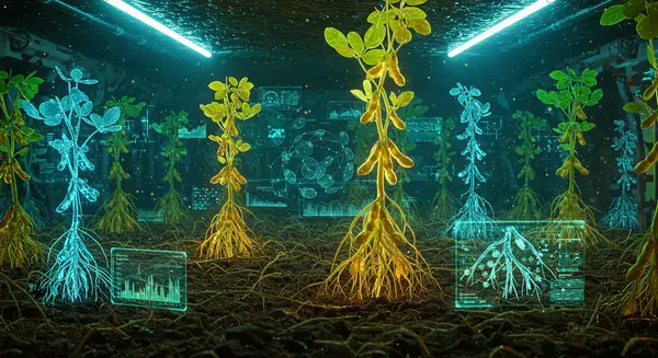 A neon-lit biolab fusion of organic roots and glowing holograms, inspired by cyberpunk aesthetics. The scene shows sprawling soybean roots glowing in translucent 3D holograms interlaced with soil data streams, with ancient soy plants glowing in bioluminescent gold contrasted against sterile silver GMO strains. Style: a mix of Syd Mead’s futuristic architecture, Moebius’s fluid organic tech, and Kyle Beattie’s hyper-detailed sci-fi botany. Include glowing touchscreens displaying root network graphs, and a backdrop blending wet soil with digital cloud-like data clusters. Color palette: molten gold, electric blue, and living green with holographic overlays. A neon-lit biolab fusion of organic roots and glowing holograms, inspired by cyberpunk aesthetics. The scene shows sprawling soybean roots glowing in translucent 3D holograms interlaced with soil data streams, with ancient soy plants glowing in bioluminescent gold contrasted against sterile silver GMO strains. Style: a mix of Syd Mead’s futuristic architecture, Moebius’s fluid organic tech, and Kyle Beattie’s hyper-detailed sci-fi botany. Include glowing touchscreens displaying root network graphs, and a backdrop blending wet soil with digital cloud-like data clusters. Color palette: molten gold, electric blue, and living green with holographic overlays.