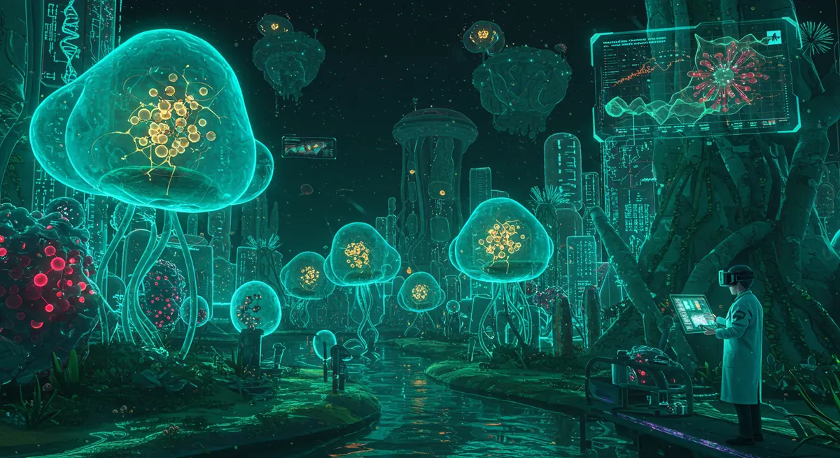 Retro-futuristic cyberpunk cityscape with neon-drenched biolabs and floating wetland skyscrapers, inspired by Syd Mead's mechanical organic concepts and the surreal biotecture of Studio Ghibli. Translucent glowing hornworts with glowing pyrenoid cores float in iridescent water canals, surrounded by biodigital interfaces showing protein networks and real-time ecosystem data visualizations. Ultra-stylized futuristic scientists with augmented reality interfaces analyzing microscopic cells and urban hydroponic systems. Color palette: teal cybernetic blues, glowing bioluminescent yellow, and glowing red genetic code strands. Style: A fusion between biotech anime and Neal Stephenson's Snow Crash tech-laden cities, with translucent membrane networks and floating biogeochemical cycles.