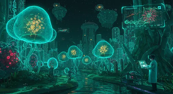 Retro-futuristic cyberpunk cityscape with neon-drenched biolabs and floating wetland skyscrapers, inspired by Syd Mead's mechanical organic concepts and the surreal biotecture of Studio Ghibli. Translucent glowing hornworts with glowing pyrenoid cores float in iridescent water canals, surrounded by biodigital interfaces showing protein networks and real-time ecosystem data visualizations. Ultra-stylized futuristic scientists with augmented reality interfaces analyzing microscopic cells and urban hydroponic systems. Color palette: teal cybernetic blues, glowing bioluminescent yellow, and glowing red genetic code strands. Style: A fusion between biotech anime and Neal Stephenson's Snow Crash tech-laden cities, with translucent membrane networks and floating biogeochemical cycles. Retro-futuristic cyberpunk cityscape with neon-drenched biolabs and floating wetland skyscrapers, inspired by Syd Mead's mechanical organic concepts and the surreal biotecture of Studio Ghibli. Translucent glowing hornworts with glowing pyrenoid cores float in iridescent water canals, surrounded by biodigital interfaces showing protein networks and real-time ecosystem data visualizations. Ultra-stylized futuristic scientists with augmented reality interfaces analyzing microscopic cells and urban hydroponic systems. Color palette: teal cybernetic blues, glowing bioluminescent yellow, and glowing red genetic code strands. Style: A fusion between biotech anime and Neal Stephenson's Snow Crash tech-laden cities, with translucent membrane networks and floating biogeochemical cycles.