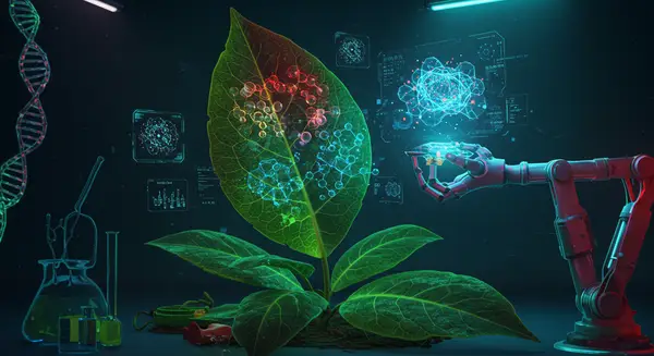 A hyper-detailed cyberpunk lab scene by Syd Mead, blending biotech and retro-futurism: neon-lit Arabidopsis plants hybridize with holographic data streams showing molecular Chlorophyll structures (inspired by Alex Grey's bio-art). A robotic arm holds a glowing PSI-LHCI complex with quantum circuits woven into leaf veins, surrounded by cryo-EM 3D models floating mid-air. Style: biomechanical, with acid-green, electric-blue, and crimson color palette, futuristic city skyline mirrored in plant's chlorophyll clusters. Add glowing DNA strands glowing like fiber-optic cables. A hyper-detailed cyberpunk lab scene by Syd Mead, blending biotech and retro-futurism: neon-lit Arabidopsis plants hybridize with holographic data streams showing molecular Chlorophyll structures (inspired by Alex Grey's bio-art). A robotic arm holds a glowing PSI-LHCI complex with quantum circuits woven into leaf veins, surrounded by cryo-EM 3D models floating mid-air. Style: biomechanical, with acid-green, electric-blue, and crimson color palette, futuristic city skyline mirrored in plant's chlorophyll clusters. Add glowing DNA strands glowing like fiber-optic cables.