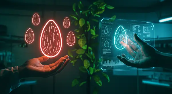 A cyberpunk-agri fusion scene with glowing neon almond shapes floating over a high-tech lab, with a human hand holding a glowing plant in one side while holographic screens display data-streaming almond traits, blending Syd Mead's sleek futurism with vibrant biological details akin to Craig Mullins' sci-fi botanical art. The composition mixes lush almond orchard greens with holographic interfaces and translucent digital overlays showing 3D morphometrics. Mood: optimistic innovation. A cyberpunk-agri fusion scene with glowing neon almond shapes floating over a high-tech lab, with a human hand holding a glowing plant in one side while holographic screens display data-streaming almond traits, blending Syd Mead's sleek futurism with vibrant biological details akin to Craig Mullins' sci-fi botanical art. The composition mixes lush almond orchard greens with holographic interfaces and translucent digital overlays showing 3D morphometrics. Mood: optimistic innovation.