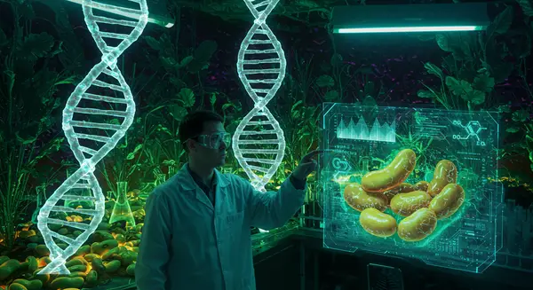 A cyberpunk-styled lab with holographic DNA helices floating above a green-screens scientist in a high-tech lab coat, using a glowing interface to analyze bean genes. Style: Neon-lit, hyper-detailed cybernetic UI elements with a retro-futuristic twist inspired by Moebius and Takashi Okuda’s patterned tech art. The background features fractal landscapes of evolving plants intertwined with data streams. Beans morph into circuit boards under a UV light lab setting, with glowing mutation symbols flickering like code. A cyberpunk-styled lab with holographic DNA helices floating above a green-screens scientist in a high-tech lab coat, using a glowing interface to analyze bean genes. Style: Neon-lit, hyper-detailed cybernetic UI elements with a retro-futuristic twist inspired by Moebius and Takashi Okuda’s patterned tech art. The background features fractal landscapes of evolving plants intertwined with data streams. Beans morph into circuit boards under a UV light lab setting, with glowing mutation symbols flickering like code.