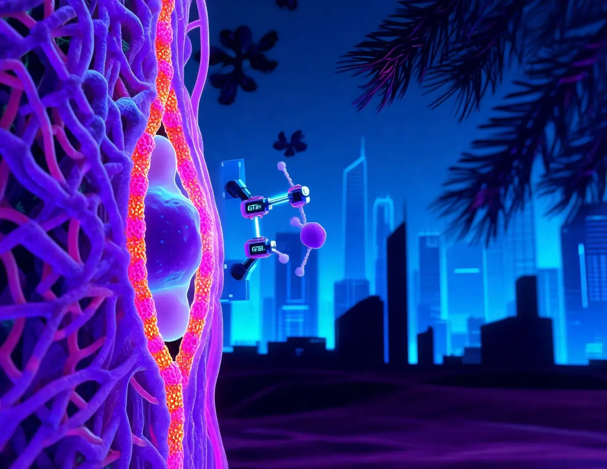 A hyper‑realistic close‑up of a plant cell wall under a futuristic neon microscope: visible cellulose microfibrils intertwined with patterned xylan chains bearing bright orange beta-1,2-linked xylose side groups; the scene glows with cyberpunk blues and purples, showing GT61 enzyme complexes (depicted as molecular machines) attaching the sugar tags. In the background, stylized silhouettes of pine needles and Arabidopsis callus float against a holographic cityscape, emphasizing the link between nature and high‑tech architecture.