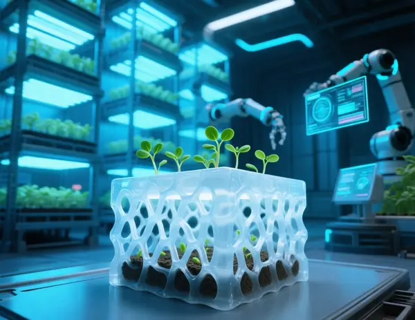 A hyper‑realistic, futuristic indoor farm interior bathed in neon blue light. In the foreground, a close‑up of a modular hydrogel lattice block with intricate triply periodic minimal surface geometry (Lidinoid pattern) showing translucent gel walls and open air channels that connect to the atmosphere. Arabidopsis seedlings sprout from the gel, their tiny green leaves vibrant against the soft white glow. In the background, towering vertical farms stacked with similar glowing blocks, robotic arms tending plants, and holographic data displays floating nearby. The scene combines sleek cyber‑punk aesthetics with scientific detail, emphasizing breathable, printed soil analogues.