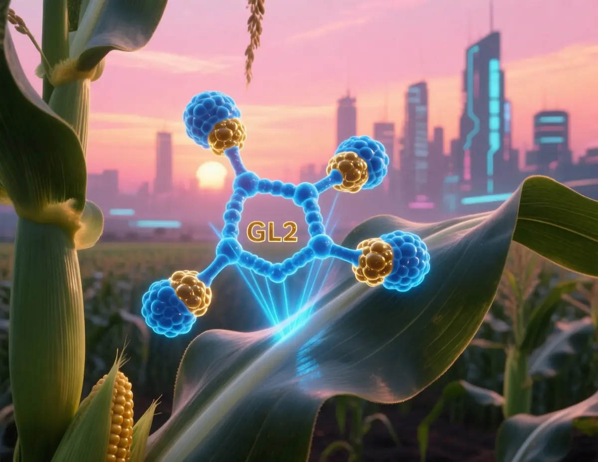 A hyper‑realistic close‑up illustration of a maize leaf surface at sunrise, showing an intricate nanoscopic assembly: four blue‑glowing cryptochrome proteins forming a tetrameric scaffold, each binding a glossy golden GL2 enzyme. The complex is illuminated by vivid blue light rays, with faint holographic lines indicating the 16-17 loop opening. In the background, a futuristic cyberpunk city skyline under a pink-orange sky, hinting at advanced agriculture. Photorealistic rendering, ultra‑high detail, depth of field focusing on the molecular complex, cinematic lighting.