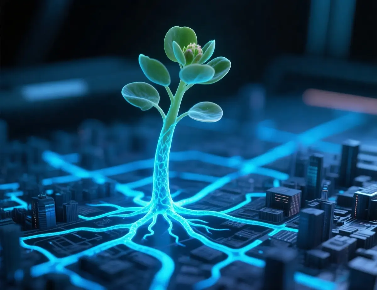 A photorealistic close-up of a glowing Arabidopsis root tip under a high-tech confocal microscope, with neon-blue fluorescent tonoplast membranes forming intricate network patterns like a futuristic city map, cinematic lighting and depth of field