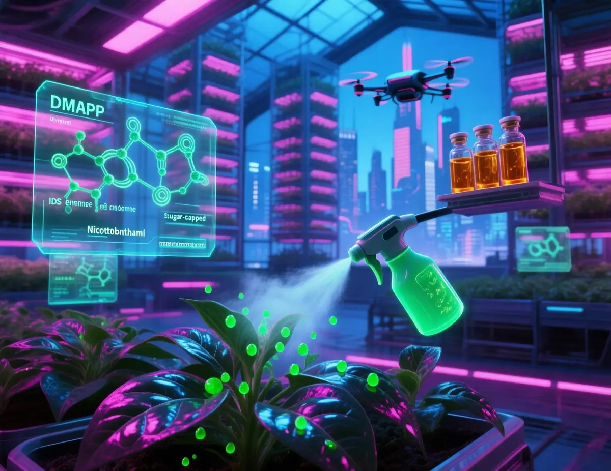 A hyper‑realistic, futuristic greenhouse interior bathed in neon blue and magenta light. In the foreground, glossy Nicotiana benthamiana plants with shimmering leaves are being sprayed by a mist of glowing green nanodroplets representing transient gene delivery. Transparent holographic panels hover above each plant, displaying swirling molecular structures of DMAPP, IDS enzymes, and sugar‑capped monoterpenes. In the background, towering vertical farms stretch into a cyber‑punk city skyline with drones delivering harvested amber vials of glycosylated monoterpene extracts. The scene combines photorealistic plant textures with sci‑fi holographic UI elements, emphasizing sustainability and high‑tech bio‑manufacturing.
