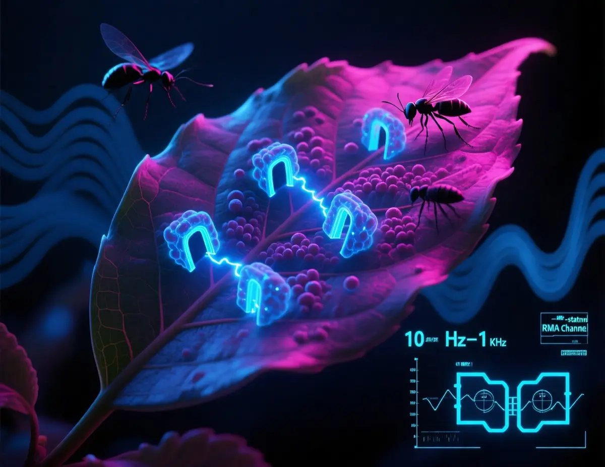 A hyper‑realistic close‑up of a plant leaf at night, illuminated by neon blue and magenta light. The surface shows a microscopic view of the plasma membrane with glowing ion channels shaped like tiny gates, each pulsing with electric blue calcium ions as they open. In the background, faint silhouettes of insects vibrate on the leaf, their movement visualized as rippling wave patterns in the air. Futuristic holographic data overlays display frequency graphs (10 Hz–1 kHz) and a stylized schematic of the four‑state RMA channel model. The overall mood is cyberpunk meets bio‑technology, ultra‑sharp detail, photorealistic.
