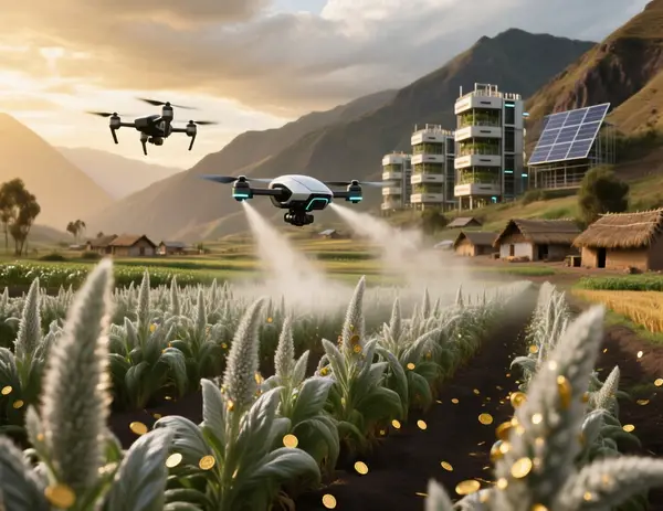 A photorealistic futuristic farm scene set on a rugged Andean plateau under a dramatic sky. In the foreground, rows of silver-green amaranth plants with tall, feathery inflorescences sway in a light breeze; their seeds sparkle like tiny gold coins. Behind them, sleek autonomous drones hover, spraying precise mist onto the crops. In the distance, modular vertical farms and solar panels blend into the mountainside, while distant villages of low‑tech thatched homes hint at traditional agriculture. The lighting is golden hour, emphasizing optimism and resilience. High detail, cinematic depth of field.
