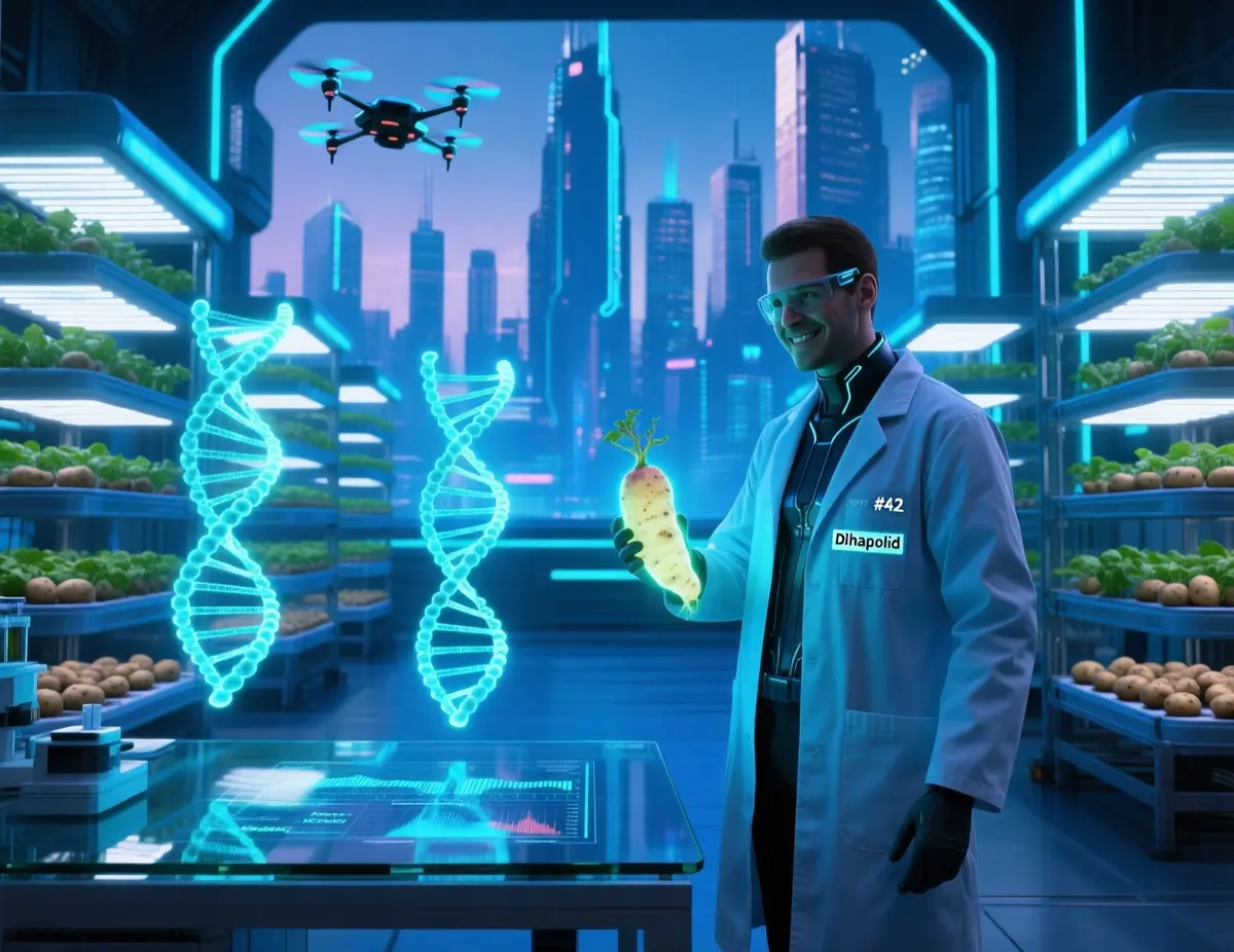A photorealistic futuristic laboratory scene bathed in neon blue light, showing a scientist in a sleek cyberpunk lab coat holding a glowing tuber labeled 'Dihaploid #42'. Behind them, holographic DNA helixes float above a glass table displaying PacBio sequencing data. In the background, rows of vertically stacked hydroponic potato farms with LED canopies stretch into a city skyline filled with towering megastructures and flying drones. The mood is optimistic, high‑tech, and vibrant.