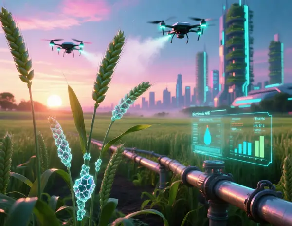 A hyper‑realistic futuristic farm at sunrise, with wheat fields glowing under a neon sky. Close‑up view of individual wheat stalks showing shimmering cell walls reinforced by calcium nanostructures, visible as subtle crystal lattices along the stems. In the background, sleek drones hover, releasing glowing biostimulant mist. The scene combines organic greenery with cyberpunk elements: metallic irrigation tubes, holographic data overlays displaying water‑stress metrics, and a distant city skyline with towering vertical farms. Photorealistic, ultra‑detailed, vibrant colors, cinematic lighting.