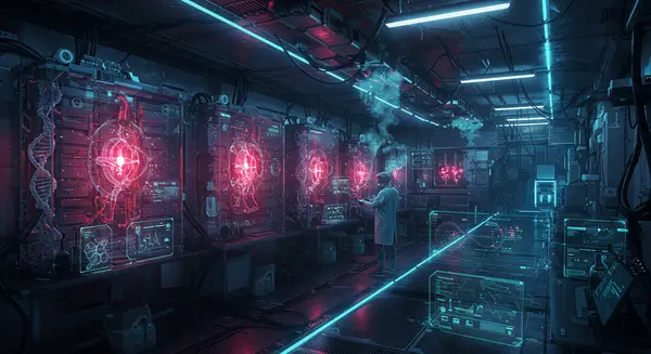 Cyberpunk-style futuristic medical诊所 filled with holographic data streams, glowing quantum computers with red warning lights, and a humanoid AI doctor with glowing neuralnet eyes checking biometric readouts. Neon-blue circuitry flows through transparent glass corridors connecting lab benches with floating DNA models. Inspired by Syd Mead's biomechanical designs and the glitch effects from Mamoru Samura's Blade of the Immortal, with a color scheme dominated by electric blues and cyberpunk purple hues. Add sleek, transparent interfaces showing real-time health metrics and quantum entanglement diagrams. The scene should feel high-tech yet cluttered with innovation. #cyberpunk #quantumcomputing #futuristicmedicine Cyberpunk-style futuristic medical诊所 filled with holographic data streams, glowing quantum computers with red warning lights, and a humanoid AI doctor with glowing neuralnet eyes checking biometric readouts. Neon-blue circuitry flows through transparent glass corridors connecting lab benches with floating DNA models. Inspired by Syd Mead's biomechanical designs and the glitch effects from Mamoru Samura's Blade of the Immortal, with a color scheme dominated by electric blues and cyberpunk purple hues. Add sleek, transparent interfaces showing real-time health metrics and quantum entanglement diagrams. The scene should feel high-tech yet cluttered with innovation. #cyberpunk #quantumcomputing #futuristicmedicine