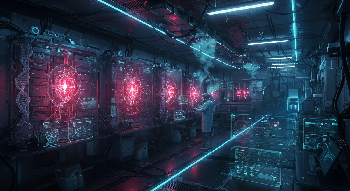 Cyberpunk-style futuristic medical诊所 filled with holographic data streams, glowing quantum computers with red warning lights, and a humanoid AI doctor with glowing neuralnet eyes checking biometric readouts. Neon-blue circuitry flows through transparent glass corridors connecting lab benches with floating DNA models. Inspired by Syd Mead's biomechanical designs and the glitch effects from Mamoru Samura's Blade of the Immortal, with a color scheme dominated by electric blues and cyberpunk purple hues. Add sleek, transparent interfaces showing real-time health metrics and quantum entanglement diagrams. The scene should feel high-tech yet cluttered with innovation. #cyberpunk #quantumcomputing #futuristicmedicine
