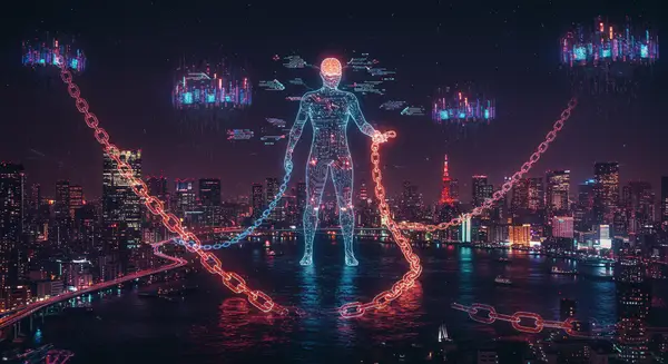 A cyberpunk metropolis at night, dominated by glowing holographic circuitry linking floating skyscrapers across oceans. Each building pulses with color-coded data streams forming a fractal-like network. Central figure: a glowing human silhouette (cyborg with a holographic brain interface) manipulating chain links floating in midair, with Tokyo’s skyline mirrored in their eyes. Style: Neon-streaked hyper-detailed future cityscape inspired by Syd Mead’s *Blade Runner* designs with the gritty, dynamic tech aesthetic of Cyberpunk 2077’s Night City. Include cryptocurrency token chains morphing into DNA strands and abstract glowing chain nodes replacing traditional power grids. A cyberpunk metropolis at night, dominated by glowing holographic circuitry linking floating skyscrapers across oceans. Each building pulses with color-coded data streams forming a fractal-like network. Central figure: a glowing human silhouette (cyborg with a holographic brain interface) manipulating chain links floating in midair, with Tokyo’s skyline mirrored in their eyes. Style: Neon-streaked hyper-detailed future cityscape inspired by Syd Mead’s *Blade Runner* designs with the gritty, dynamic tech aesthetic of Cyberpunk 2077’s Night City. Include cryptocurrency token chains morphing into DNA strands and abstract glowing chain nodes replacing traditional power grids.
