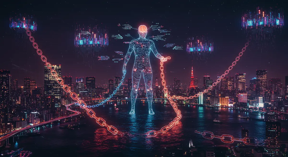 A cyberpunk metropolis at night, dominated by glowing holographic circuitry linking floating skyscrapers across oceans. Each building pulses with color-coded data streams forming a fractal-like network. Central figure: a glowing human silhouette (cyborg with a holographic brain interface) manipulating chain links floating in midair, with Tokyo’s skyline mirrored in their eyes. Style: Neon-streaked hyper-detailed future cityscape inspired by Syd Mead’s *Blade Runner* designs with the gritty, dynamic tech aesthetic of Cyberpunk 2077’s Night City. Include cryptocurrency token chains morphing into DNA strands and abstract glowing chain nodes replacing traditional power grids.