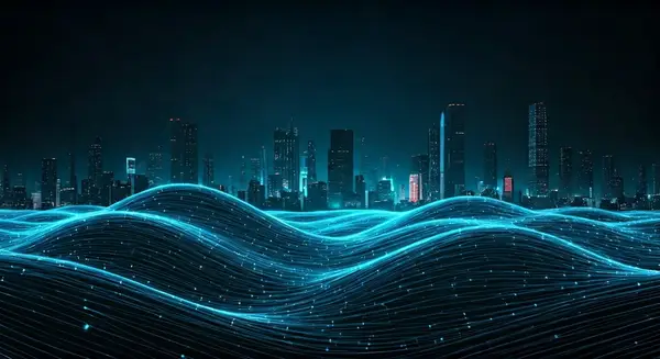 Create a futuristic, vibrant illustration of a global production network, with glowing blue lines and nodes representing the intricate web of supply chains. Incorporate elements of cyberpunk aesthetics, à la Syd Mead and Blade Runner, with a hint of optimism and futurism. The image should feature a sprawling metropolis in the background, with towering skyscrapers and neon lights, while the production network is depicted in the foreground, with dynamic, swirling patterns and shapes. The overall style should be reminiscent of the works of Ash Thorp and Simon Stalenhag, with a mix of digital and industrial elements.