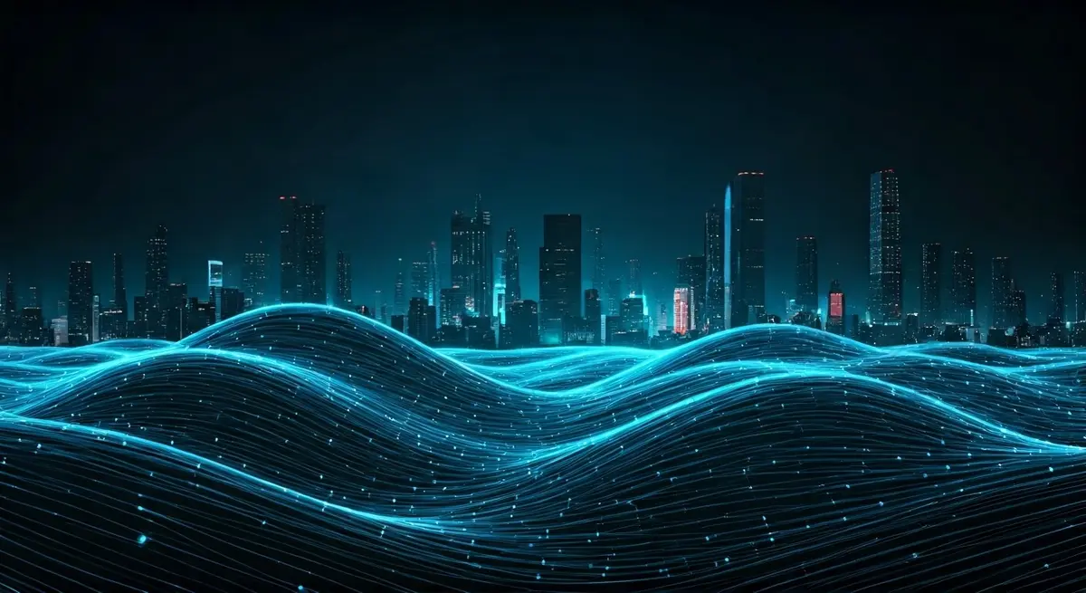 Create a futuristic, vibrant illustration of a global production network, with glowing blue lines and nodes representing the intricate web of supply chains. Incorporate elements of cyberpunk aesthetics, à la Syd Mead and Blade Runner, with a hint of optimism and futurism. The image should feature a sprawling metropolis in the background, with towering skyscrapers and neon lights, while the production network is depicted in the foreground, with dynamic, swirling patterns and shapes. The overall style should be reminiscent of the works of Ash Thorp and Simon Stalenhag, with a mix of digital and industrial elements. Create a futuristic, vibrant illustration of a global production network, with glowing blue lines and nodes representing the intricate web of supply chains. Incorporate elements of cyberpunk aesthetics, à la Syd Mead and Blade Runner, with a hint of optimism and futurism. The image should feature a sprawling metropolis in the background, with towering skyscrapers and neon lights, while the production network is depicted in the foreground, with dynamic, swirling patterns and shapes. The overall style should be reminiscent of the works of Ash Thorp and Simon Stalenhag, with a mix of digital and industrial elements.