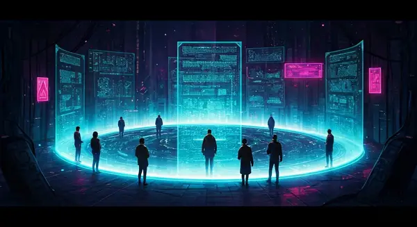 Create an image in the style of Syd Mead and Ash Thorp, depicting a futuristic cityscape with glowing neon lights and towering skyscrapers. In the foreground, a group of people from diverse backgrounds are gathered around a large, holographic display, sharing information and working together in harmony. The atmosphere is one of cooperation and mutual understanding, with a sense of excitement and possibility hanging in the air. Create an image in the style of Syd Mead and Ash Thorp, depicting a futuristic cityscape with glowing neon lights and towering skyscrapers. In the foreground, a group of people from diverse backgrounds are gathered around a large, holographic display, sharing information and working together in harmony. The atmosphere is one of cooperation and mutual understanding, with a sense of excitement and possibility hanging in the air.