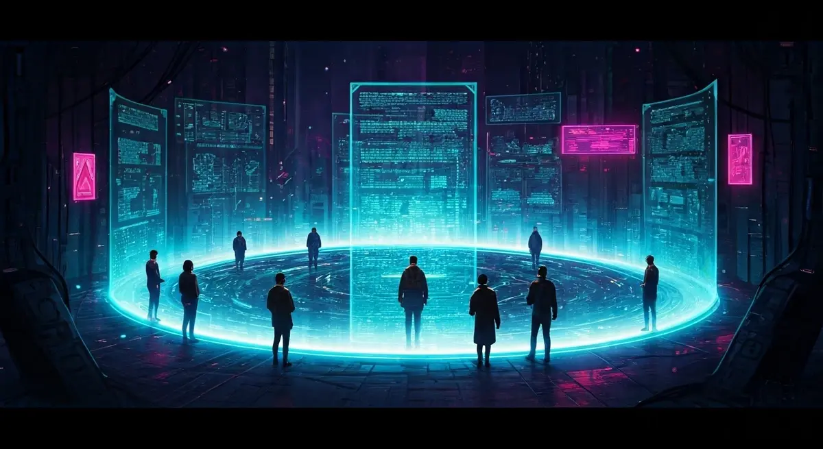 Create an image in the style of Syd Mead and Ash Thorp, depicting a futuristic cityscape with glowing neon lights and towering skyscrapers. In the foreground, a group of people from diverse backgrounds are gathered around a large, holographic display, sharing information and working together in harmony. The atmosphere is one of cooperation and mutual understanding, with a sense of excitement and possibility hanging in the air. Create an image in the style of Syd Mead and Ash Thorp, depicting a futuristic cityscape with glowing neon lights and towering skyscrapers. In the foreground, a group of people from diverse backgrounds are gathered around a large, holographic display, sharing information and working together in harmony. The atmosphere is one of cooperation and mutual understanding, with a sense of excitement and possibility hanging in the air.