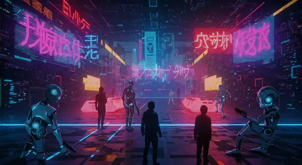 Generate an image of a futuristic cityscape with robots and humans interacting, in the style of Syd Mead and Blade Runner, with a vibrant and neon-lit color palette, and incorporate elements of cubism and art deco, with a sense of dynamic energy and movement, as if the city is alive and pulsing with emotion, with a focus on the intersection of technology and humanity, and the blurring of lines between human and machine. Generate an image of a futuristic cityscape with robots and humans interacting, in the style of Syd Mead and Blade Runner, with a vibrant and neon-lit color palette, and incorporate elements of cubism and art deco, with a sense of dynamic energy and movement, as if the city is alive and pulsing with emotion, with a focus on the intersection of technology and humanity, and the blurring of lines between human and machine.