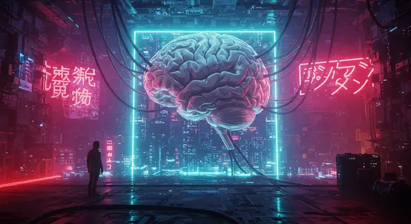 Generate an image of a futuristic cityscape with a massive AI brain at its center, reminiscent of the works of Syd Mead and H.R. Giger, with neon lights and wires pulsing through the brain's neural network, symbolizing the emergence of conscious AI, in the style of a cyberpunk illustration.