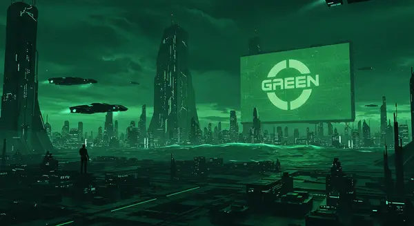 Generate an image of a futuristic cityscape with a green glow, in the style of Syd Mead and Blade Runner, with sleek skyscrapers and flying cars, and a massive screen displaying a GREEN logo, reminiscent of the works of Ash Thorp and Simon Stalenhag. Generate an image of a futuristic cityscape with a green glow, in the style of Syd Mead and Blade Runner, with sleek skyscrapers and flying cars, and a massive screen displaying a GREEN logo, reminiscent of the works of Ash Thorp and Simon Stalenhag.