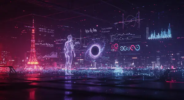 Cyberpunk cityscape glowing with holographic equations and neural networks, glowing humanoid-AI hybrid figure solving a black hole paradox, neon-lit lab with floating data streams. Style: Combine Syd Mead’s retro-futurism with Blade Runner 2049’s moody tech, layered with neon circuit lines. Colors: Electric purples, holographic blues, and burning orange glow. Add a giant graph projecting accuracy percentages over a futuristic Tokyo skyline. Cyberpunk cityscape glowing with holographic equations and neural networks, glowing humanoid-AI hybrid figure solving a black hole paradox, neon-lit lab with floating data streams. Style: Combine Syd Mead’s retro-futurism with Blade Runner 2049’s moody tech, layered with neon circuit lines. Colors: Electric purples, holographic blues, and burning orange glow. Add a giant graph projecting accuracy percentages over a futuristic Tokyo skyline.