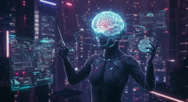 Cyberpunk futuristic interface with glowing neon networks, holographic code streaming from a humanoid AI maestro conducting data streams like a symphony. Inspired by Syd Mead's biomechanical designs and Shikato's hyper-detailed cyber environments, showing a metropolis with floating screens displaying mathematical equations transforming into code. The AI figure has a translucent brain interface showing hierarchical information chunks, with retro-futuristic holograms of Gurobi documentation orbiting like constellations. Add a vibe of '90s tech-goth design with a touch of Overwatch-inspired neon chaos. Cyberpunk futuristic interface with glowing neon networks, holographic code streaming from a humanoid AI maestro conducting data streams like a symphony. Inspired by Syd Mead's biomechanical designs and Shikato's hyper-detailed cyber environments, showing a metropolis with floating screens displaying mathematical equations transforming into code. The AI figure has a translucent brain interface showing hierarchical information chunks, with retro-futuristic holograms of Gurobi documentation orbiting like constellations. Add a vibe of '90s tech-goth design with a touch of Overwatch-inspired neon chaos.