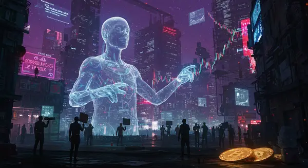 Cyberpunk metropolis with holographic stock tickers and floating equity markets, contrasting neon-lit utopian economic hubs with gritty slums. A translucent AI entity (inspired by Herge's Tintin's technology meets cyberpunk) oversees the city, its touch causing wealth to redistribute visualized as glowing data streams forming equality patterns. Surreal tech architecture mixes Mecha aesthetic with futuristic neon gradients, referencing Akira's dystopian energy fused with concept art from Ghost in the Shell. Add holographic protesters advocating for algorithmic redistribution while digital dragons (symbolic capital hoarders) melt into decentralized crypto coins. Style: Syd Mead's sleek futurism merged with M.C. Escher's impossible architecture, lit with vibrant neon hues from Blade Runner 2049, with a touch of bio-mechanical detail like in Neon Genesis Evangelion's weapons. Cyberpunk metropolis with holographic stock tickers and floating equity markets, contrasting neon-lit utopian economic hubs with gritty slums. A translucent AI entity (inspired by Herge's Tintin's technology meets cyberpunk) oversees the city, its touch causing wealth to redistribute visualized as glowing data streams forming equality patterns. Surreal tech architecture mixes Mecha aesthetic with futuristic neon gradients, referencing Akira's dystopian energy fused with concept art from Ghost in the Shell. Add holographic protesters advocating for algorithmic redistribution while digital dragons (symbolic capital hoarders) melt into decentralized crypto coins. Style: Syd Mead's sleek futurism merged with M.C. Escher's impossible architecture, lit with vibrant neon hues from Blade Runner 2049, with a touch of bio-mechanical detail like in Neon Genesis Evangelion's weapons.