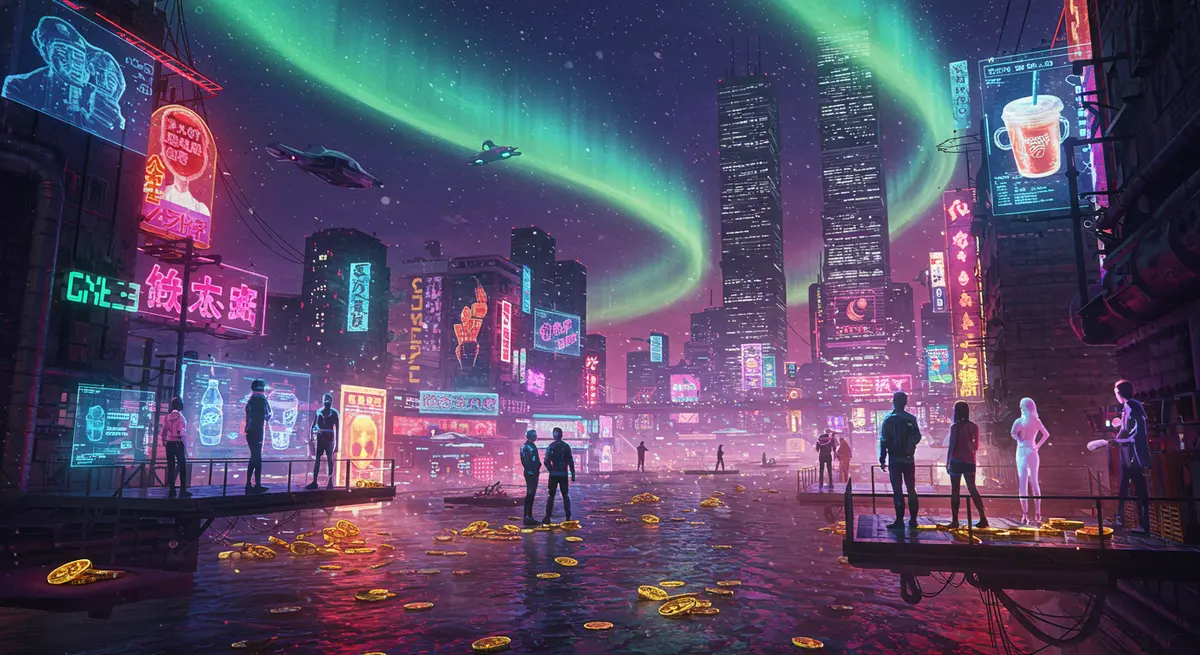 A hyper-dynamic cyberpunk cityscape under a multicolored aurora, where neon-lit skyscrapers with holographic ads of futuristic goods (giant coffees, flying vehicles, AI companion holograms) stream into a digital river of gold coins. People in sleek outfits party on floating platforms amid glowing data streams, with a mix of Syd Mead’s sleek futurism and Moebius’s swirling energy lines, rendered in vibrant, glowing colors like a matte painting by Ryan Church meets the neon chaos of Blade Runner 2049.