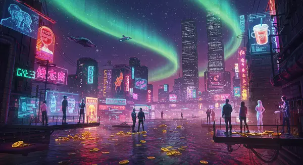 A hyper-dynamic cyberpunk cityscape under a multicolored aurora, where neon-lit skyscrapers with holographic ads of futuristic goods (giant coffees, flying vehicles, AI companion holograms) stream into a digital river of gold coins. People in sleek outfits party on floating platforms amid glowing data streams, with a mix of Syd Mead’s sleek futurism and Moebius’s swirling energy lines, rendered in vibrant, glowing colors like a matte painting by Ryan Church meets the neon chaos of Blade Runner 2049. A hyper-dynamic cyberpunk cityscape under a multicolored aurora, where neon-lit skyscrapers with holographic ads of futuristic goods (giant coffees, flying vehicles, AI companion holograms) stream into a digital river of gold coins. People in sleek outfits party on floating platforms amid glowing data streams, with a mix of Syd Mead’s sleek futurism and Moebius’s swirling energy lines, rendered in vibrant, glowing colors like a matte painting by Ryan Church meets the neon chaos of Blade Runner 2049.