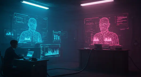 A hyper-stylized cyberpunk courtroom scene blending Syd Mead's sleek tech with Ivan Buckley's moody lighting. Glowing holographic evidence charts clash with a smirking human lawyer and a flickering AI jury hologram mid-meltdown, its 'thought process' visible as glitching 1s&0s. Cybernetic cables snake across the floor, and the walls display shifting legal codes like scrolling neon. Dark urban aesthetic with neon blue and pink hues, low-poly geometry, and a sense of impending system crash. The AI's interface shows error messages: 'LOGIC OVERLOAD' and 'CONTRADICTION DETECTED.' A hyper-stylized cyberpunk courtroom scene blending Syd Mead's sleek tech with Ivan Buckley's moody lighting. Glowing holographic evidence charts clash with a smirking human lawyer and a flickering AI jury hologram mid-meltdown, its 'thought process' visible as glitching 1s&0s. Cybernetic cables snake across the floor, and the walls display shifting legal codes like scrolling neon. Dark urban aesthetic with neon blue and pink hues, low-poly geometry, and a sense of impending system crash. The AI's interface shows error messages: 'LOGIC OVERLOAD' and 'CONTRADICTION DETECTED.'